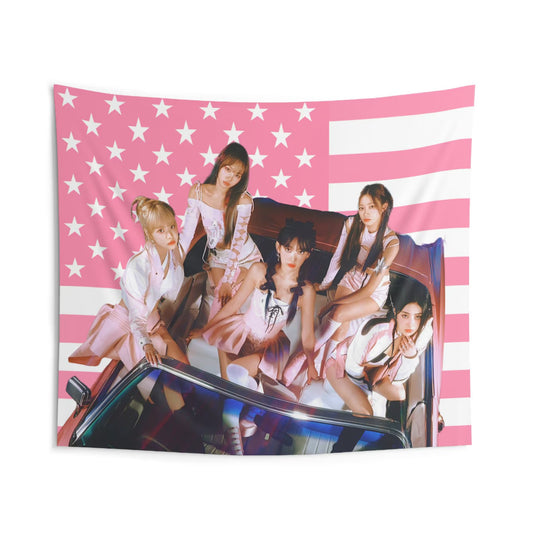 Le Sserafim Pink Car American Flag Tapestry